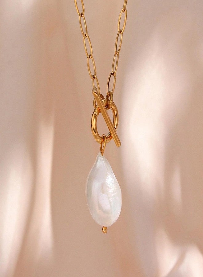 Decentraland Baroque Gold Freshwater Pearl Long Pendant Necklace Paperclip Toggle Drop Stainless Steel Necklace For Women - Image 4